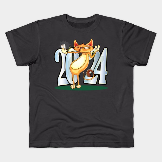 New Year 2024 Cat Kids T-Shirt by ArticArtac